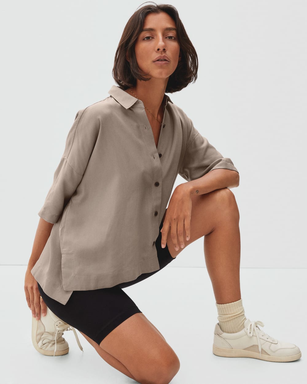 The Drapey Square Shirt in Burnt Sugar — detail view