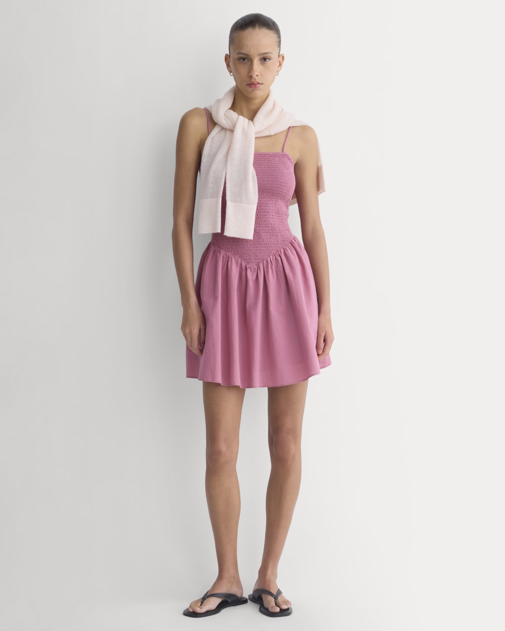Gauze Smocked Mini Dress in Heather Rose — front view