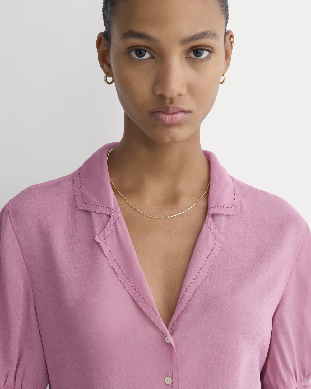 Notch Collar Shirt in Silk Georgette in Heather Rose — detail view