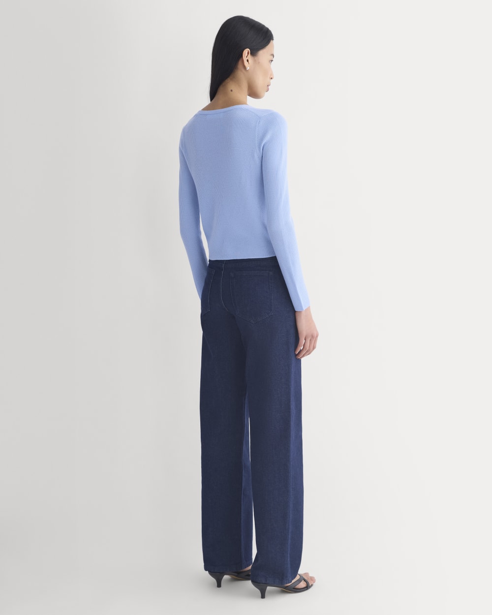 The Cardigan in Ultrasoft Merino in Open Air Blue — detail view