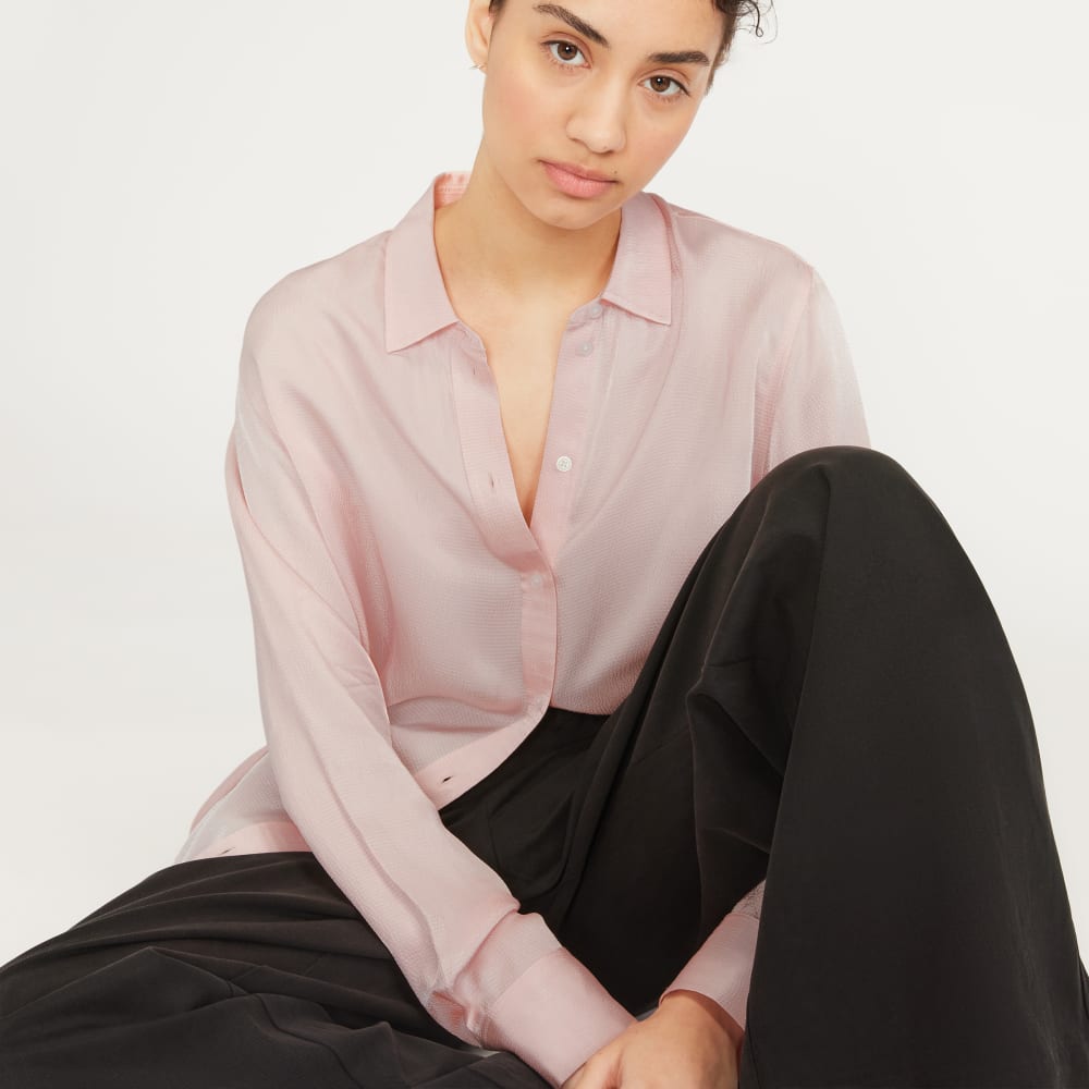 The Satin Relaxed Shirt in Petal Pink — detail view