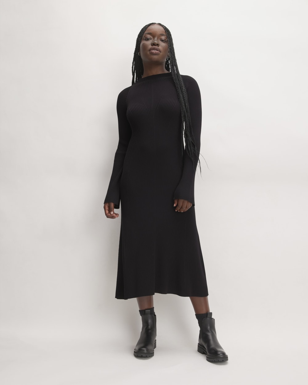 The Ribbed Mock Neck Midi Dress in Black — front view