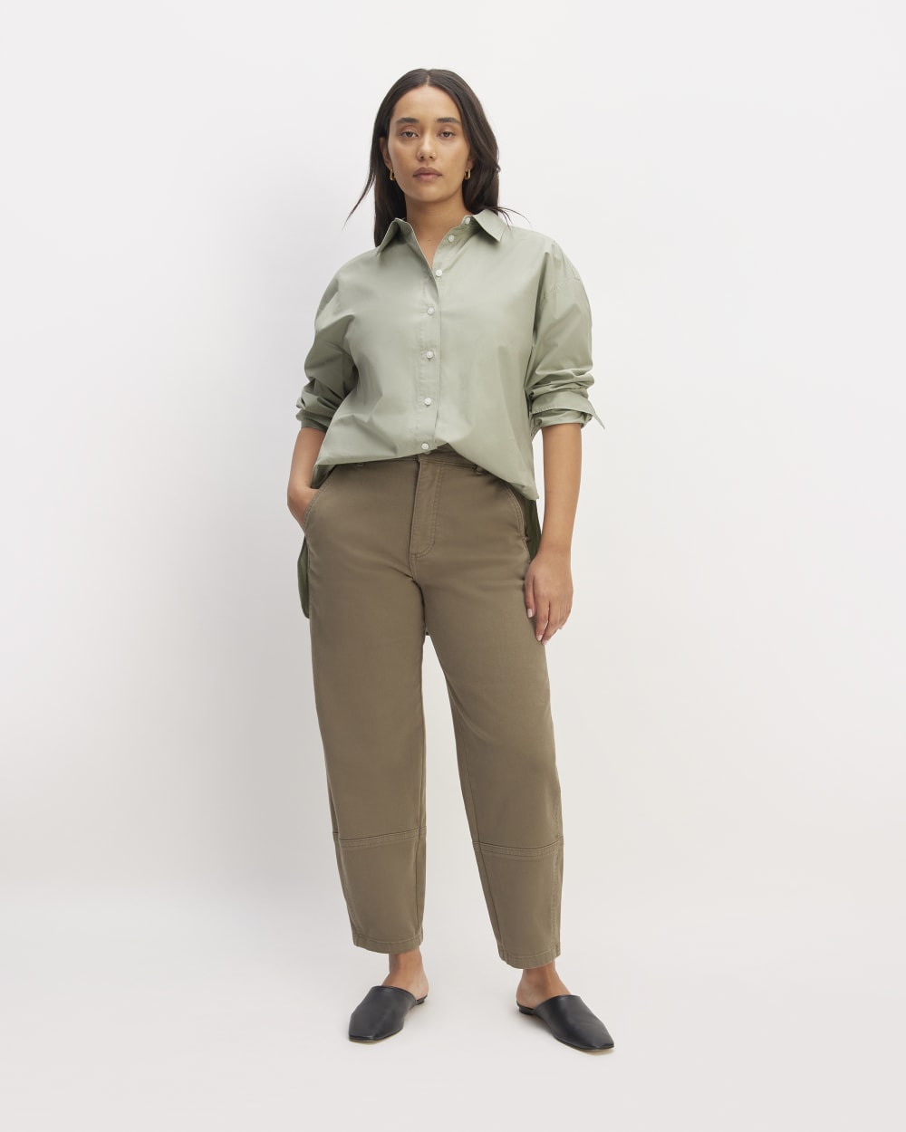 The Supima® Cotton Boyfriend Shirt in Sage Green — detail view
