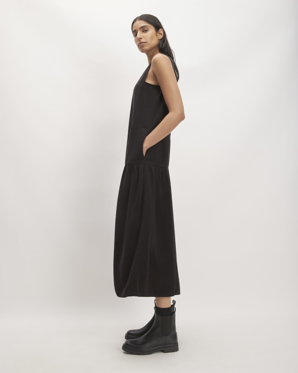 The TENCEL™ V-Neck Dress in Black — detail view