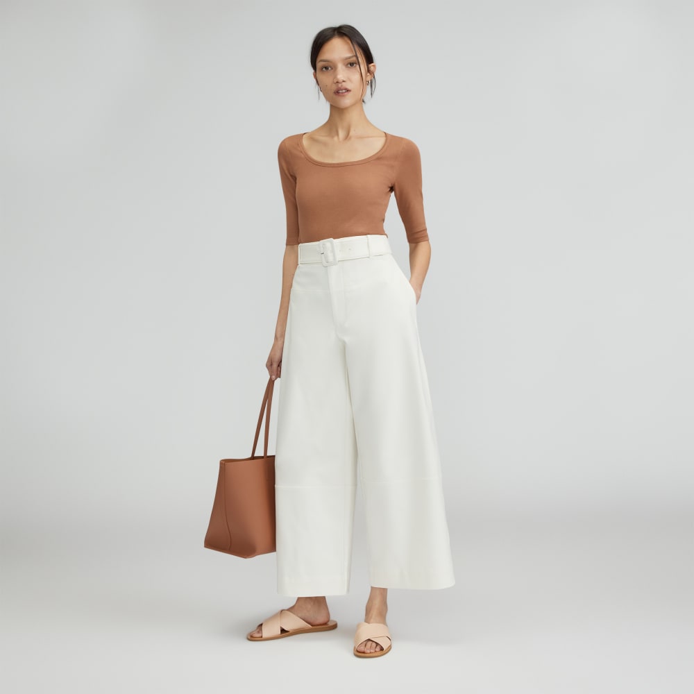 The Structured Cotton Belted Pant in Bone — detail view