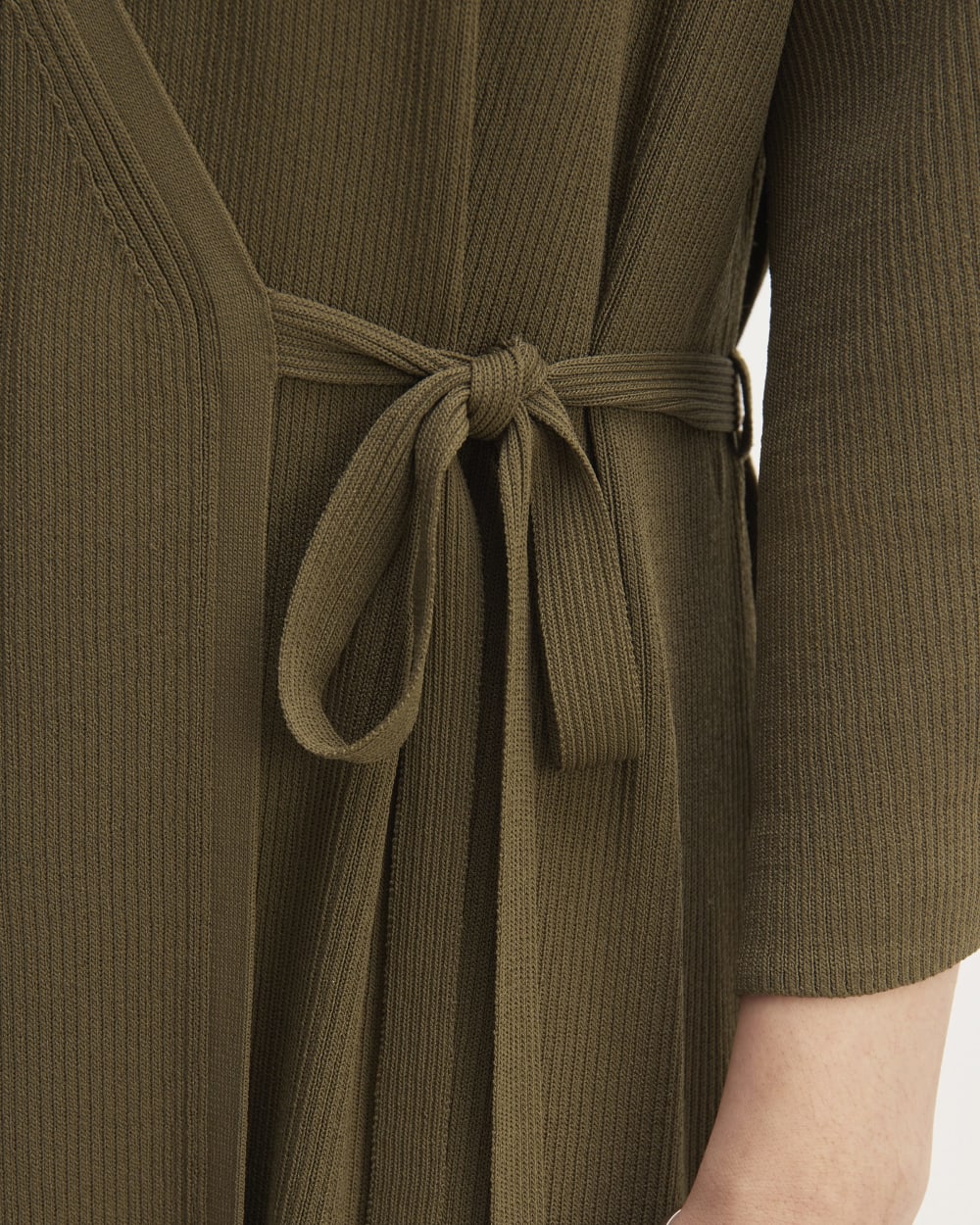 The Ribbed Wrap Midi Dress in Beech — detail view