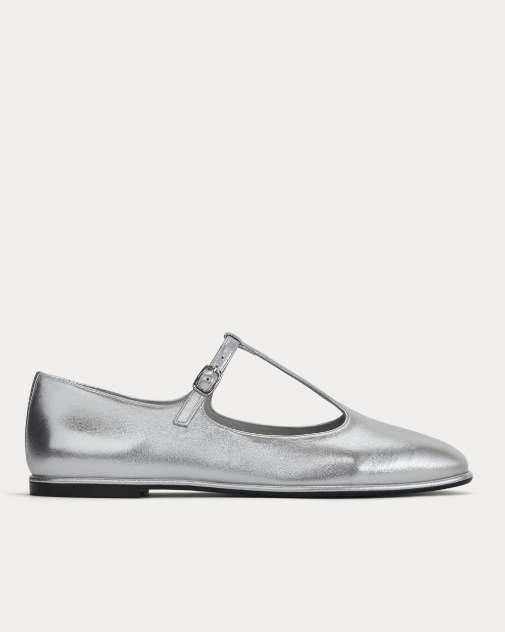 The Leather T-Strap Flat in Silver — front view
