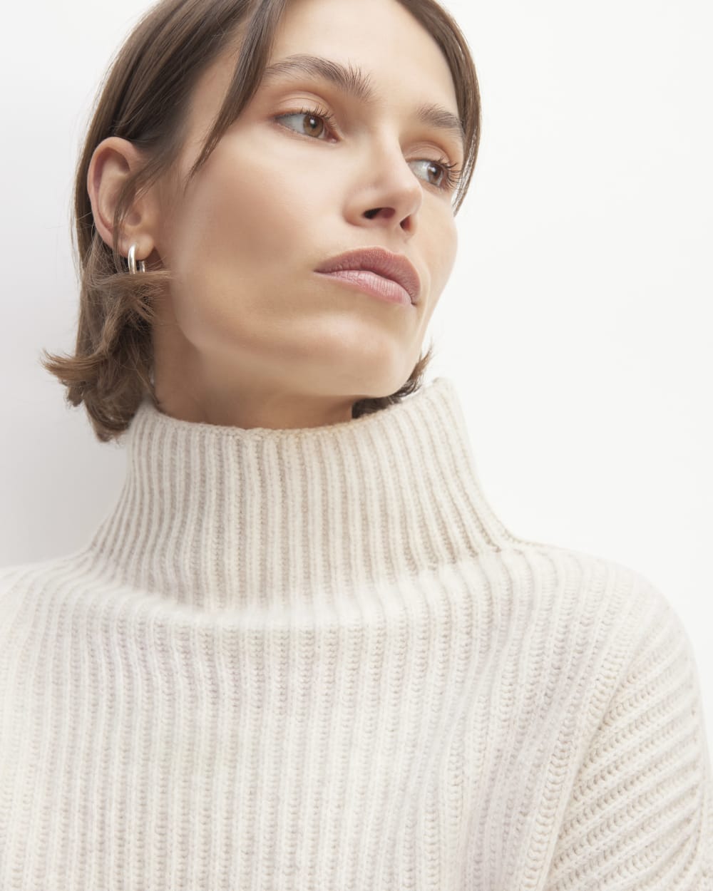 The Felted Merino Funnel-Neck Pullover in Heathered Oat — detail view