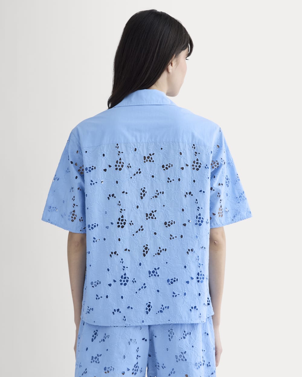 The Eyelet Camp Shirt in Sky Blue — detail view