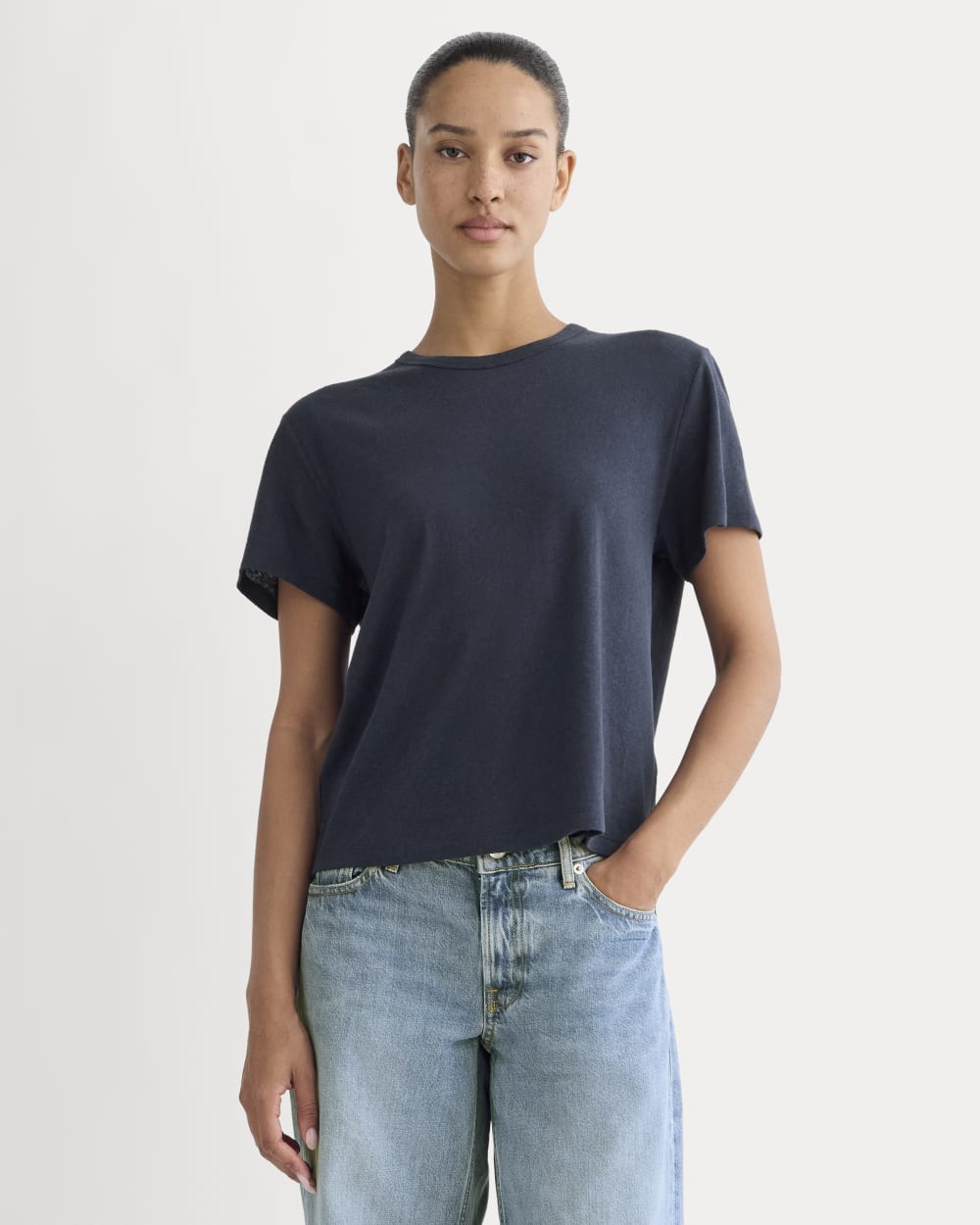 The Box-Cut Tee in Cotton Linen in Navy — front view