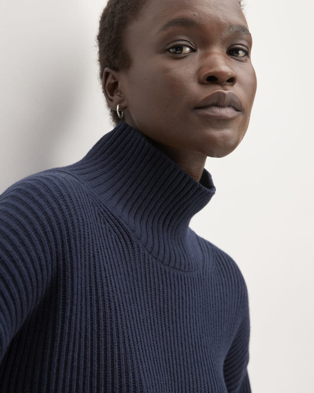 The Organic Cotton Ribbed Turtleneck in Navy — detail view