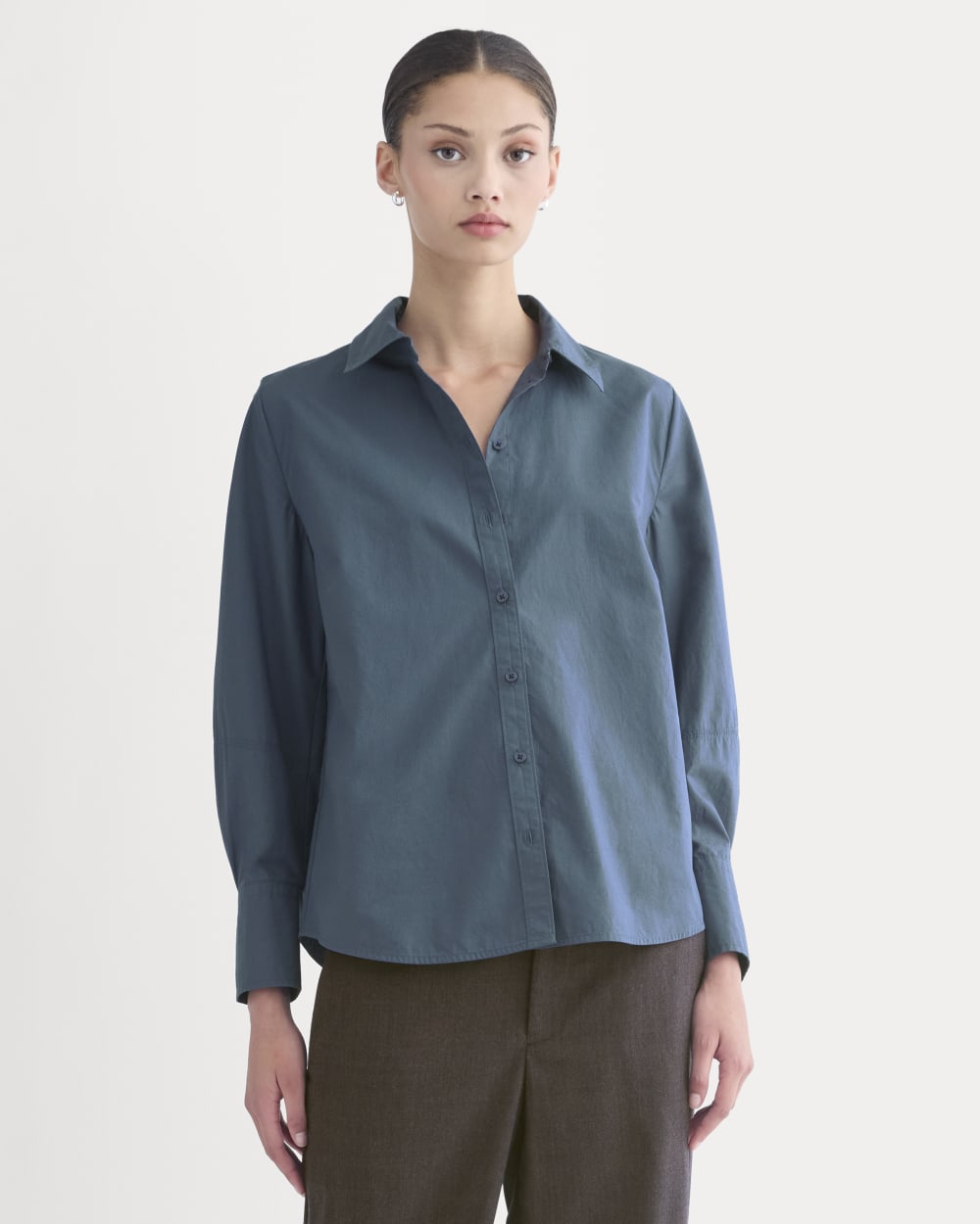 Lantern-Sleeve Shirt in Lightweight Cotton in Deep Lazuli Blue — front view
