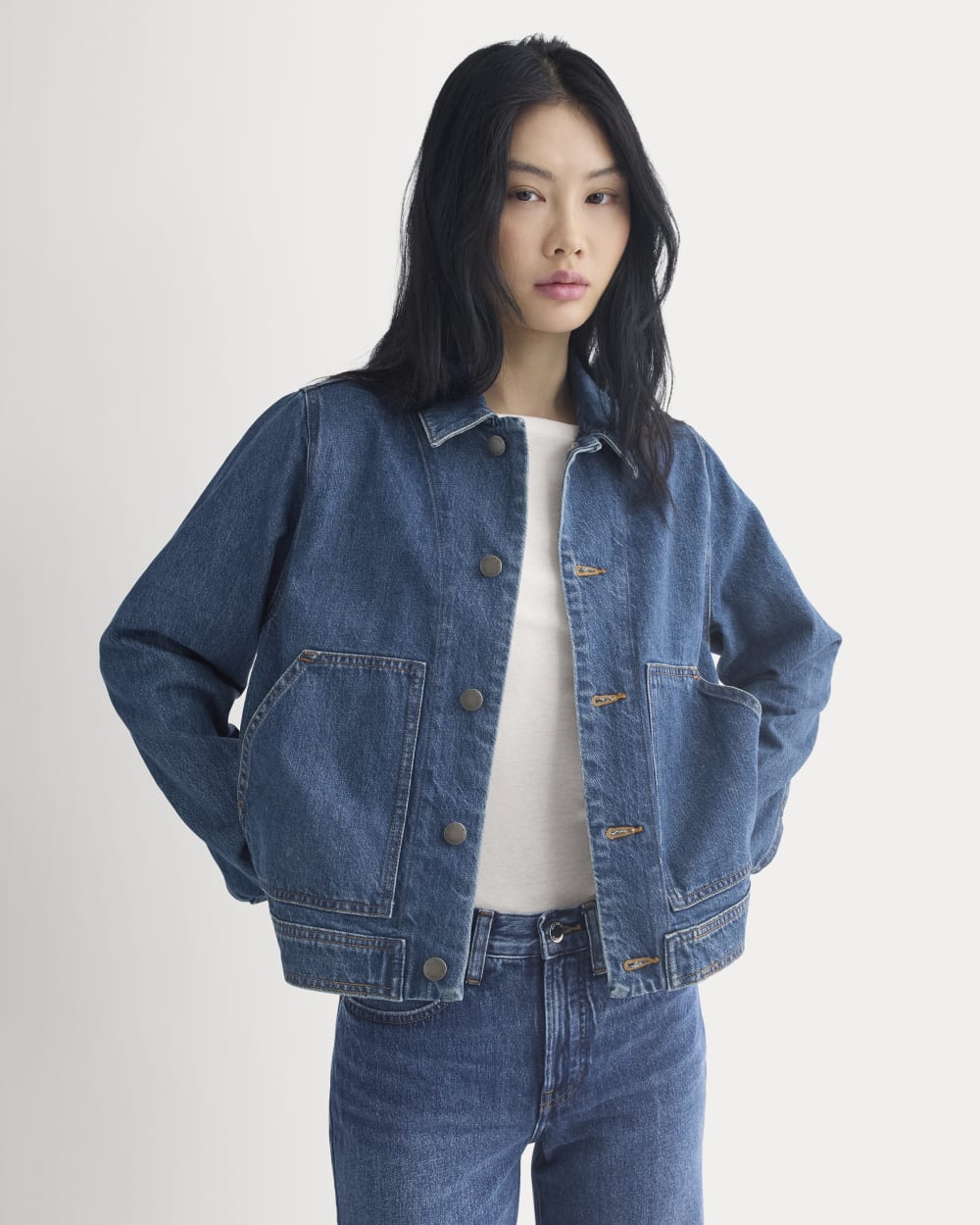 Denim Chore Jacket in Mid Indigo — front view