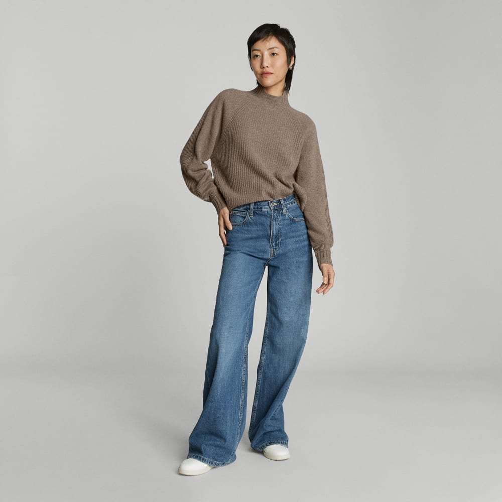 The Cashmere Ribbed Turtleneck in Heathered Taupe Grey — detail view