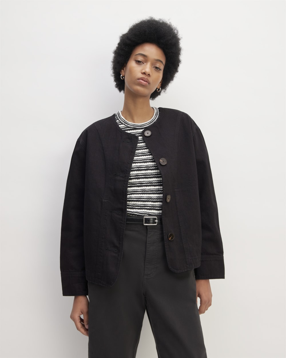 The Denim Barrel Jacket in Black — front view