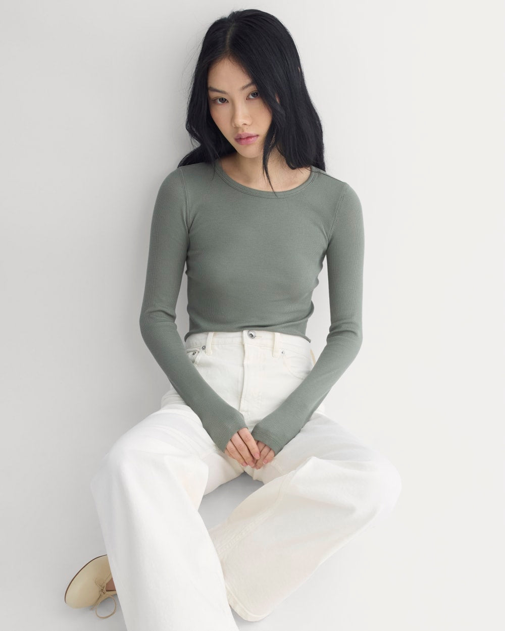 The Luxe Rib Long-Sleeve Crew in Agave Green — detail view