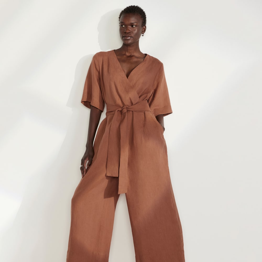 The Wrap Jumpsuit in Linen in Carob Brown — detail view