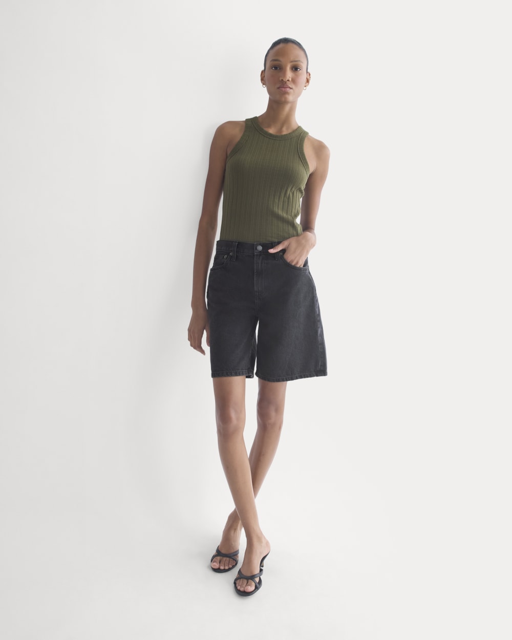 Racerback Tank in Pointelle in Olive Night — detail view