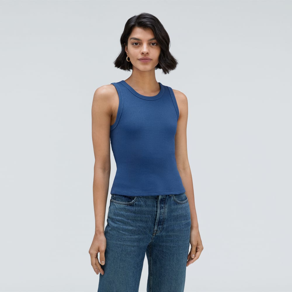 The Ribbed Cutout Tank in Deep Blue — front view