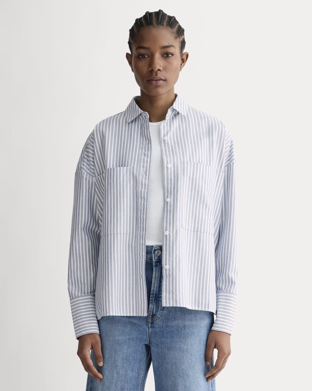 The Boxy Oxford in Bone / Mazarine Blue — front view