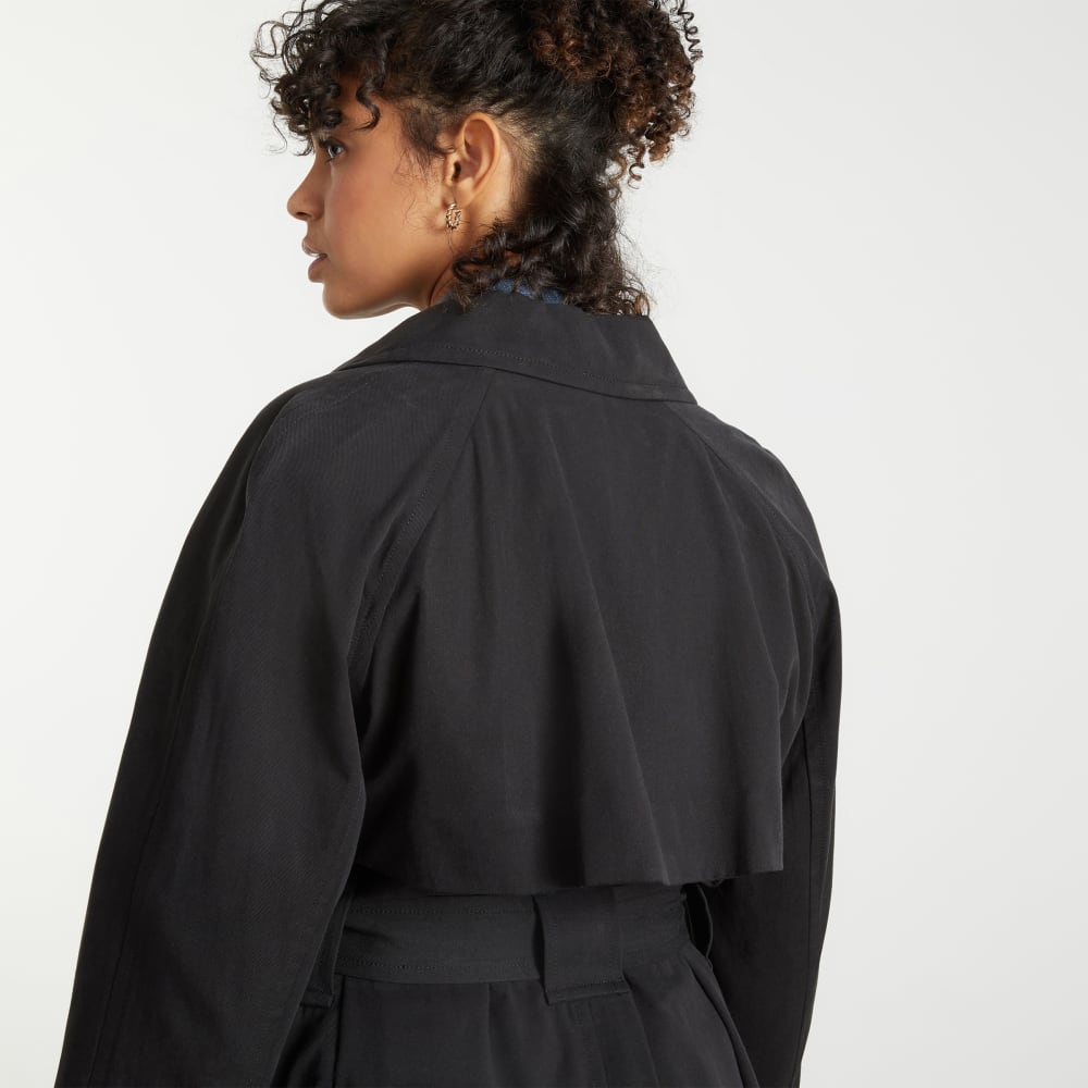 The Gathered Drape Trench in Black — detail view