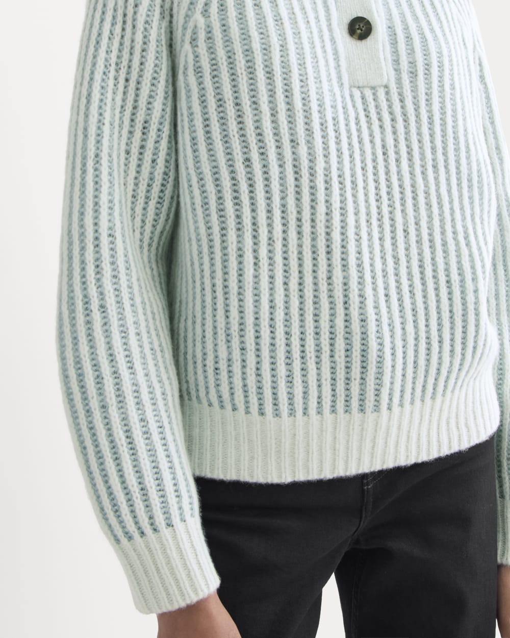 Funnel-Neck Ribbed Henley Sweater in Chalk Blue / Grey Mist Vertical Stripe — detail view