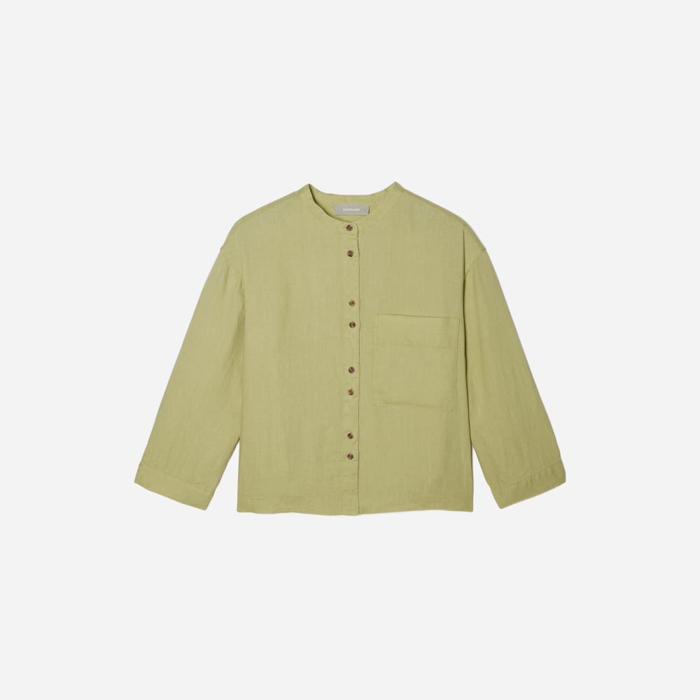 The Linen Billow Blouse in Leek — front view