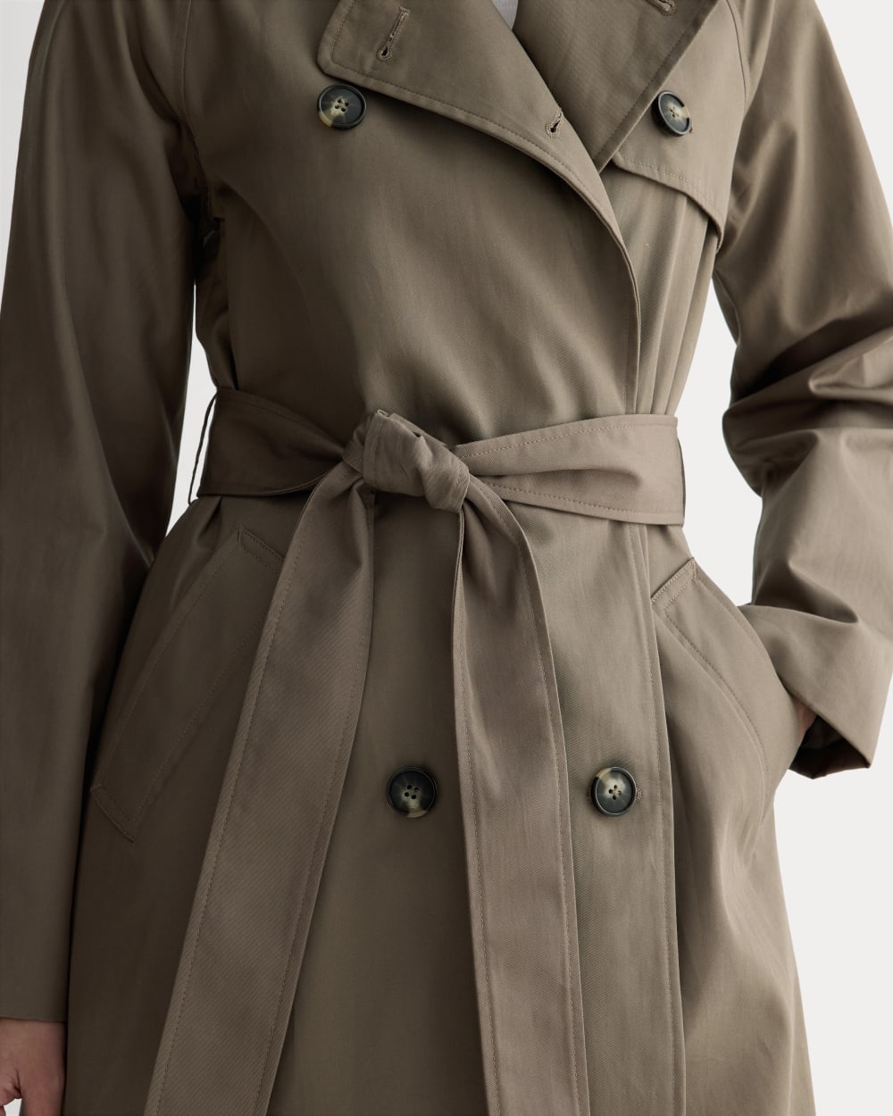 The Modern Trench Coat in Deep Taupe — detail view