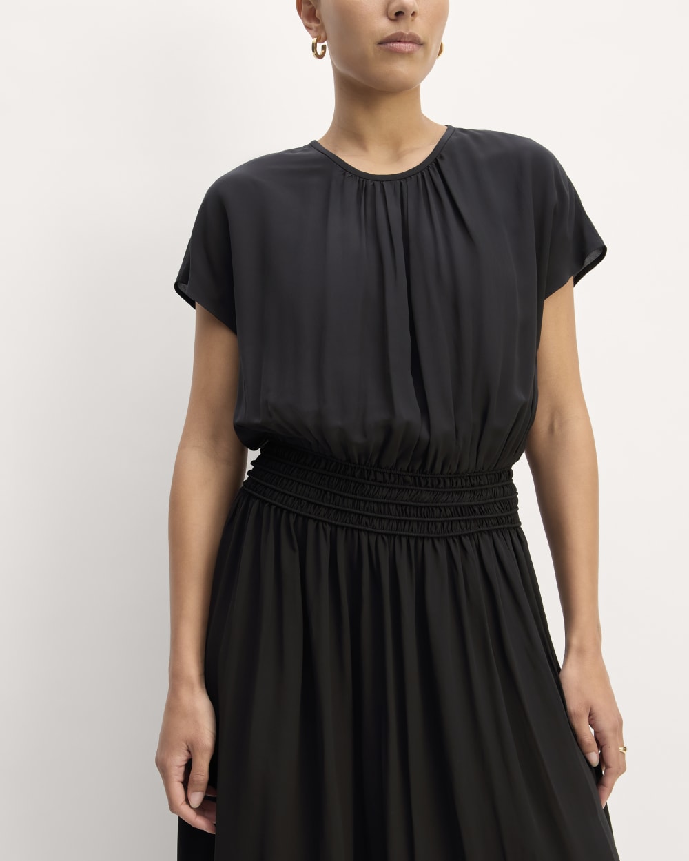 The Gathered Midi Dress in Black — detail view