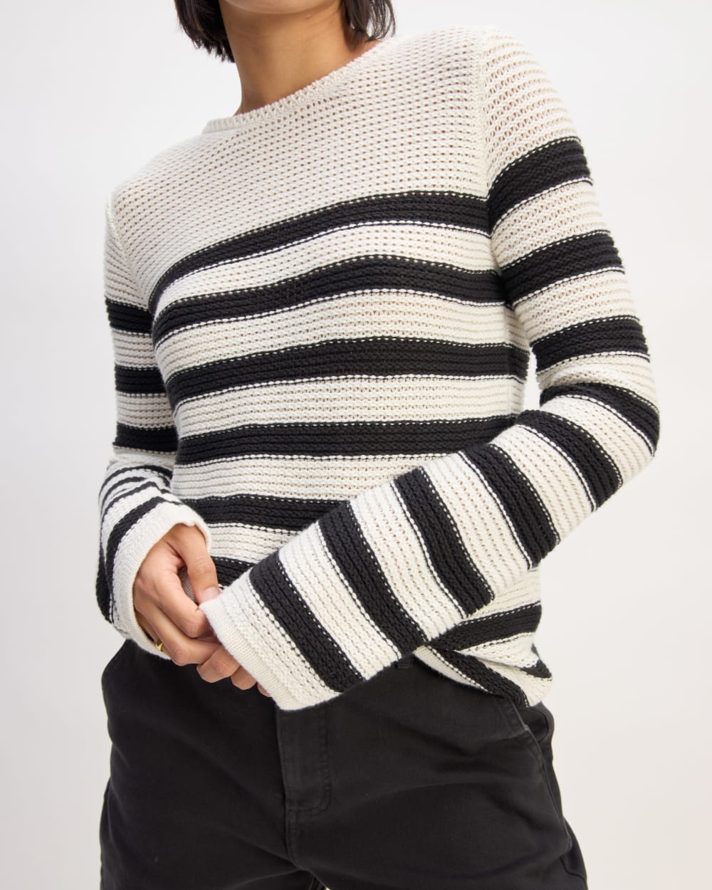 The Organic Cotton Open-Stitch Crew in Black / Bone — detail view