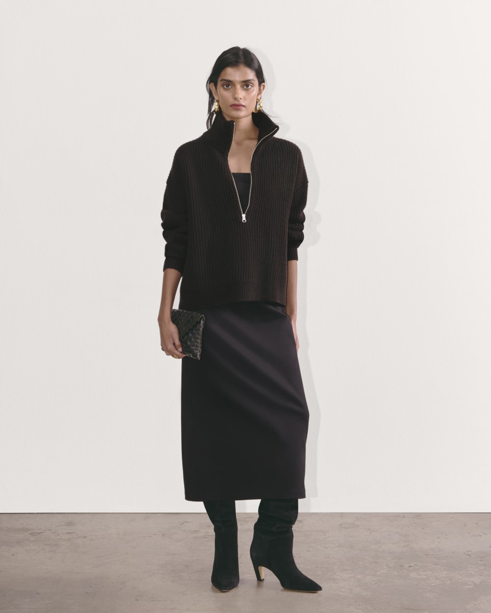 The Half-Zip Sweater in Luxe Merino in Black — detail view