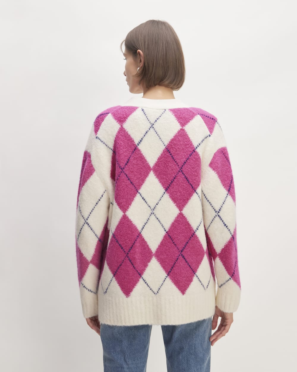 The SuperFuzz Alpaca Cardigan in Bone / Fuchsia Pink / Ocean Cavern — detail view