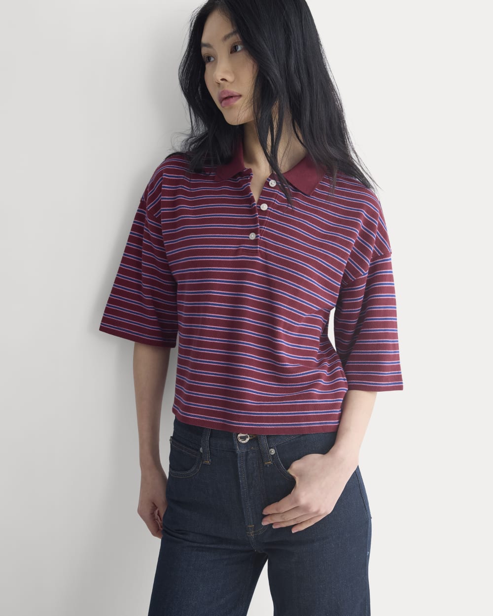 Pique Boxy Polo in Pomegranate/Heather Rose/Estate Blue — front view