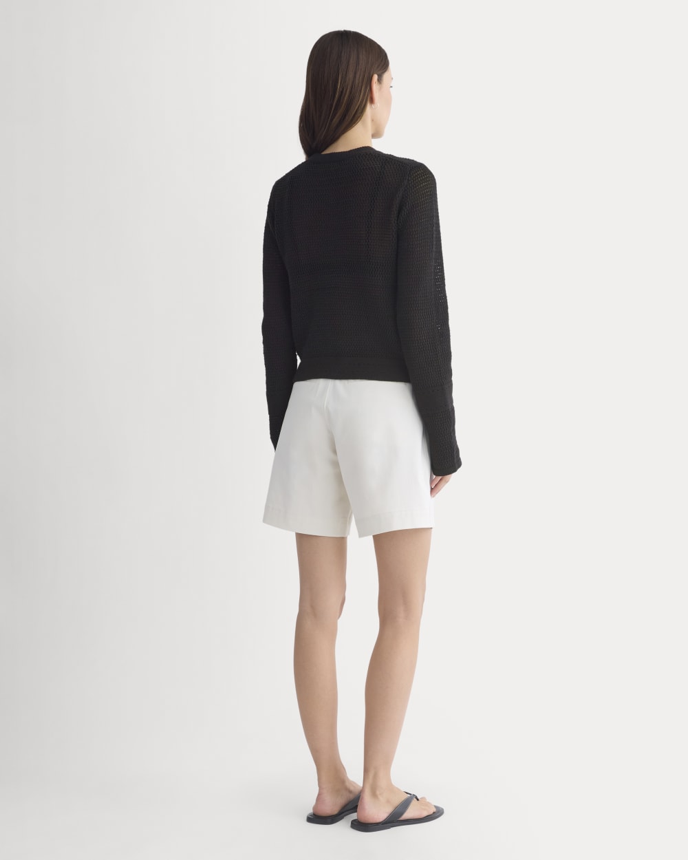 Open Knit Long-Sleeve Crew in Everyday Cotton in Black — detail view