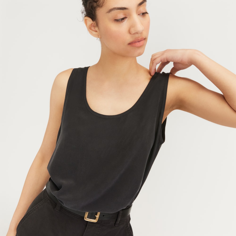 The Scoop Tank in Washable Silk in Black — detail view