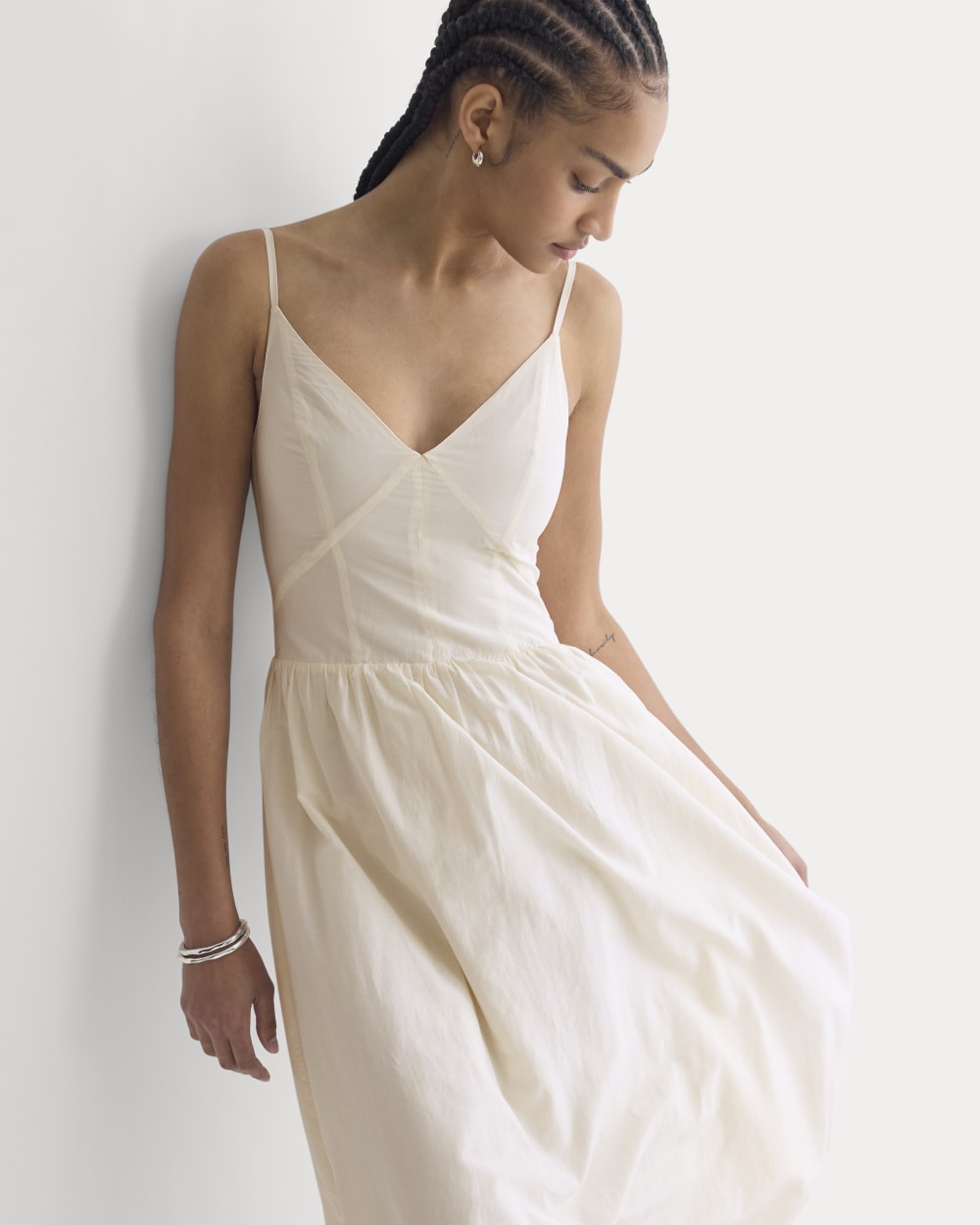 Midi Dress in Cotton Silk Voile in Bone — detail view