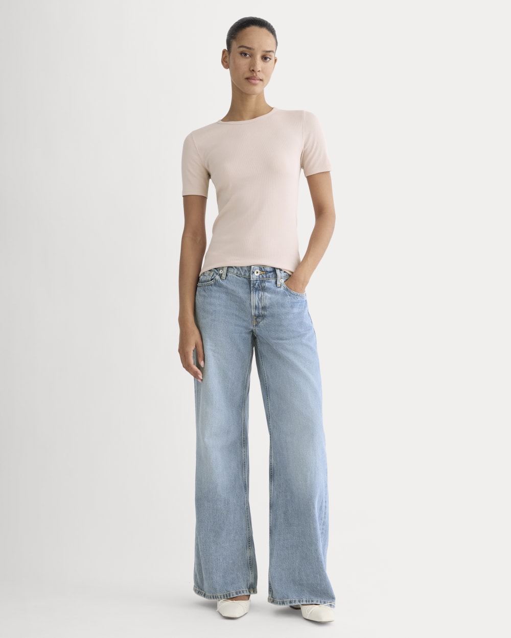 The Luxe Rib Crew in Soft Rose — detail view