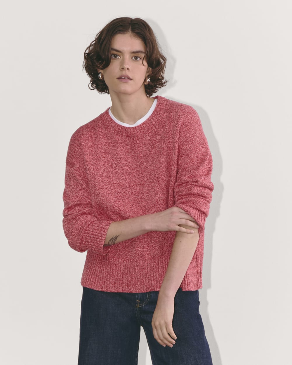 The Boxy Sweater in Everyday Cotton in Pink Peony / Classic Red — front view