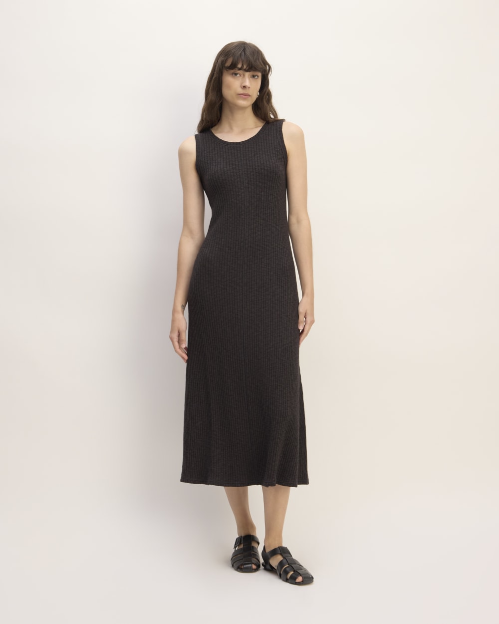 The Rib-Knit A-Line Tank Dress in Black — front view