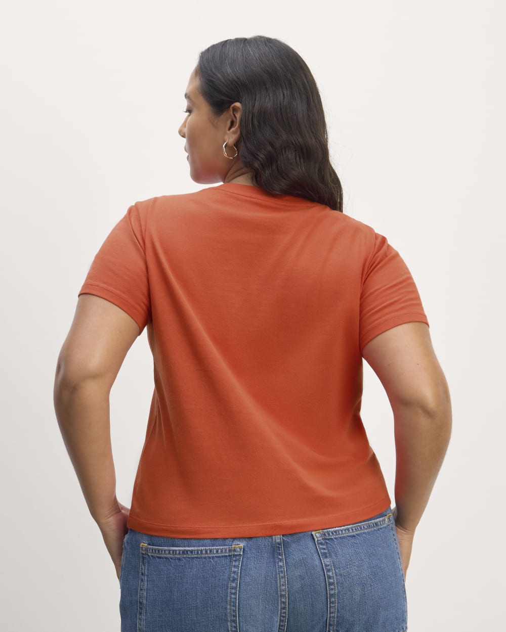 The Box-Cut Tee in Essential Cotton in Poppy Red — detail view