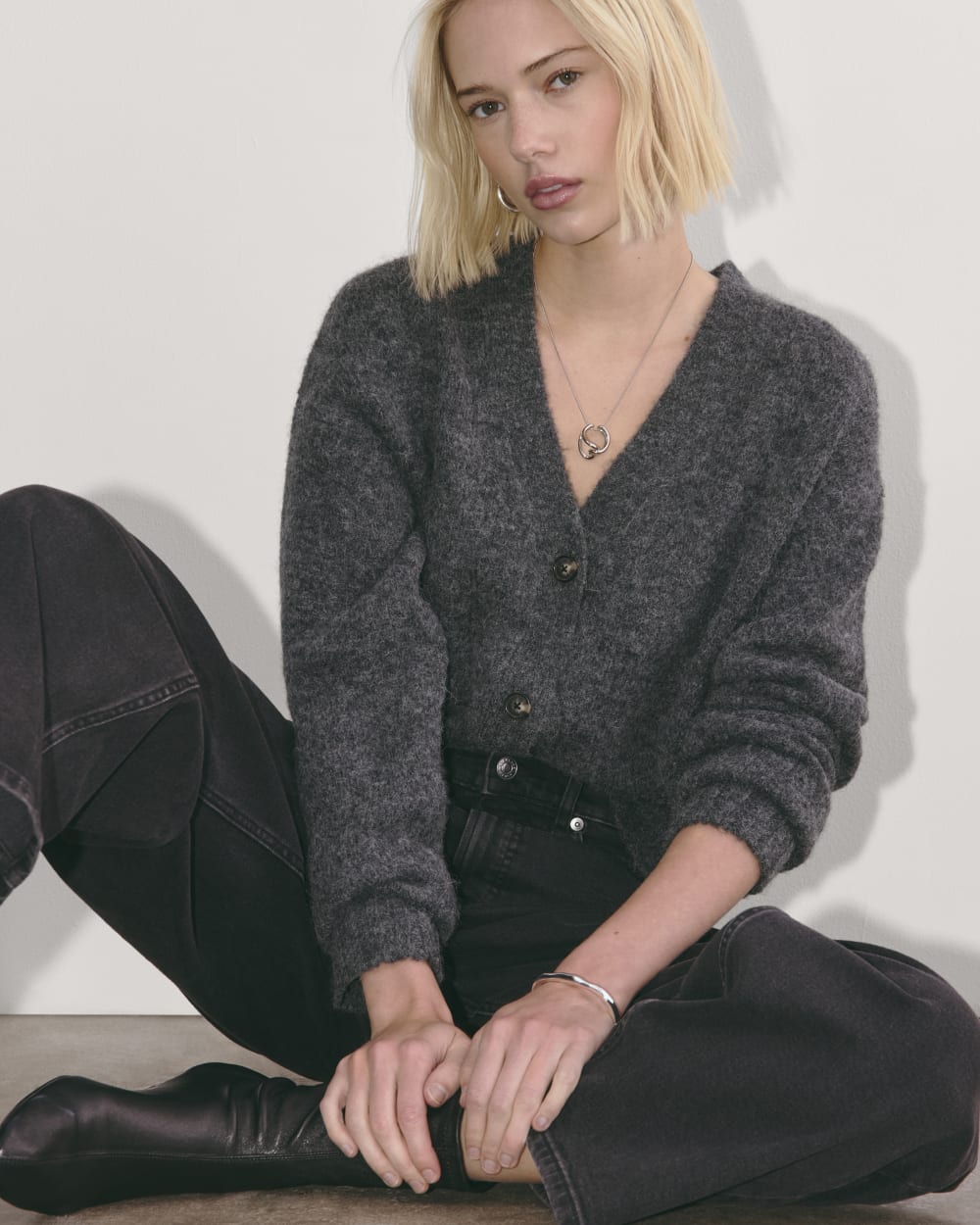 The Boxy Cardigan in Alpaca in Dark Charcoal — detail view