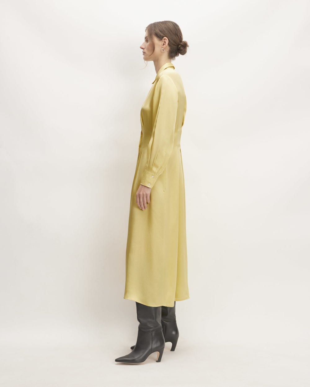 The Hammered Satin Shirt Dress in Raffia — detail view