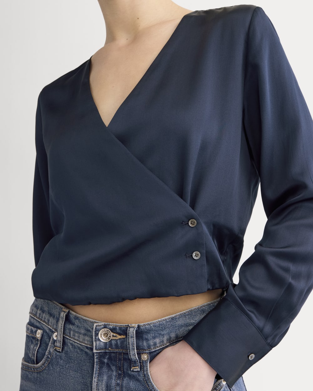 Wrap Top in Silk Charmeuse in Navy — detail view
