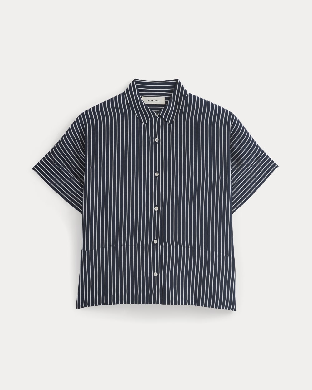 The Boxy Shirt in Washable Silk in True Navy / Bone Stripe — alternate view