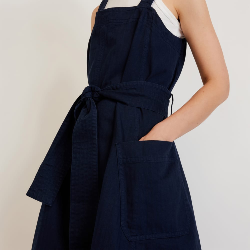 The Organic Cotton Herringbone Dress in Navy — detail view