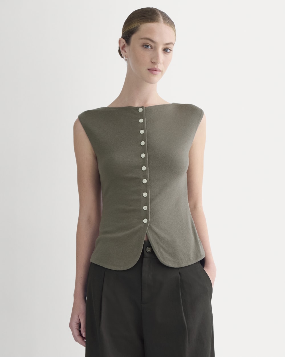 Sleeveless Button-Up in Butterluxe in Taupe — front view