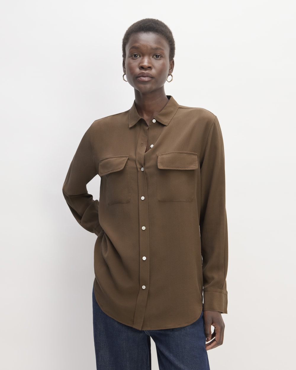 The Utility Shirt in Washable Silk in Cocoa — front view