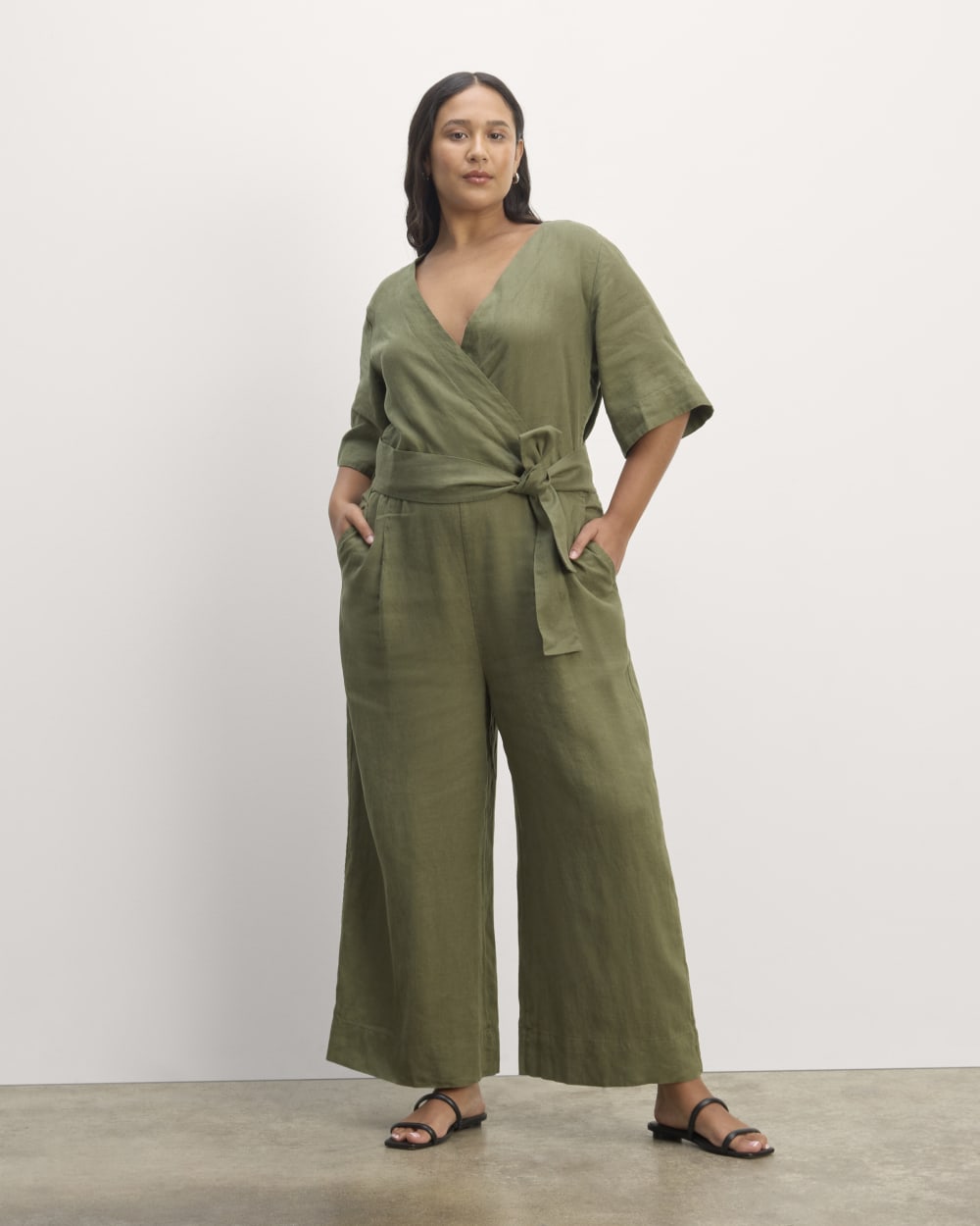 The Wrap Jumpsuit in Linen in Kalamata — front view