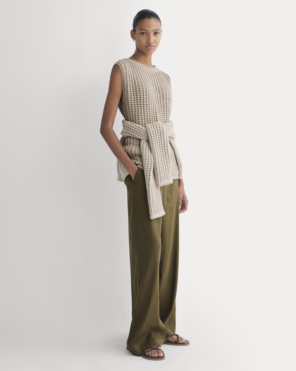 Open-Knit Tunic Vest in Elevated Cotton in Peyote — detail view