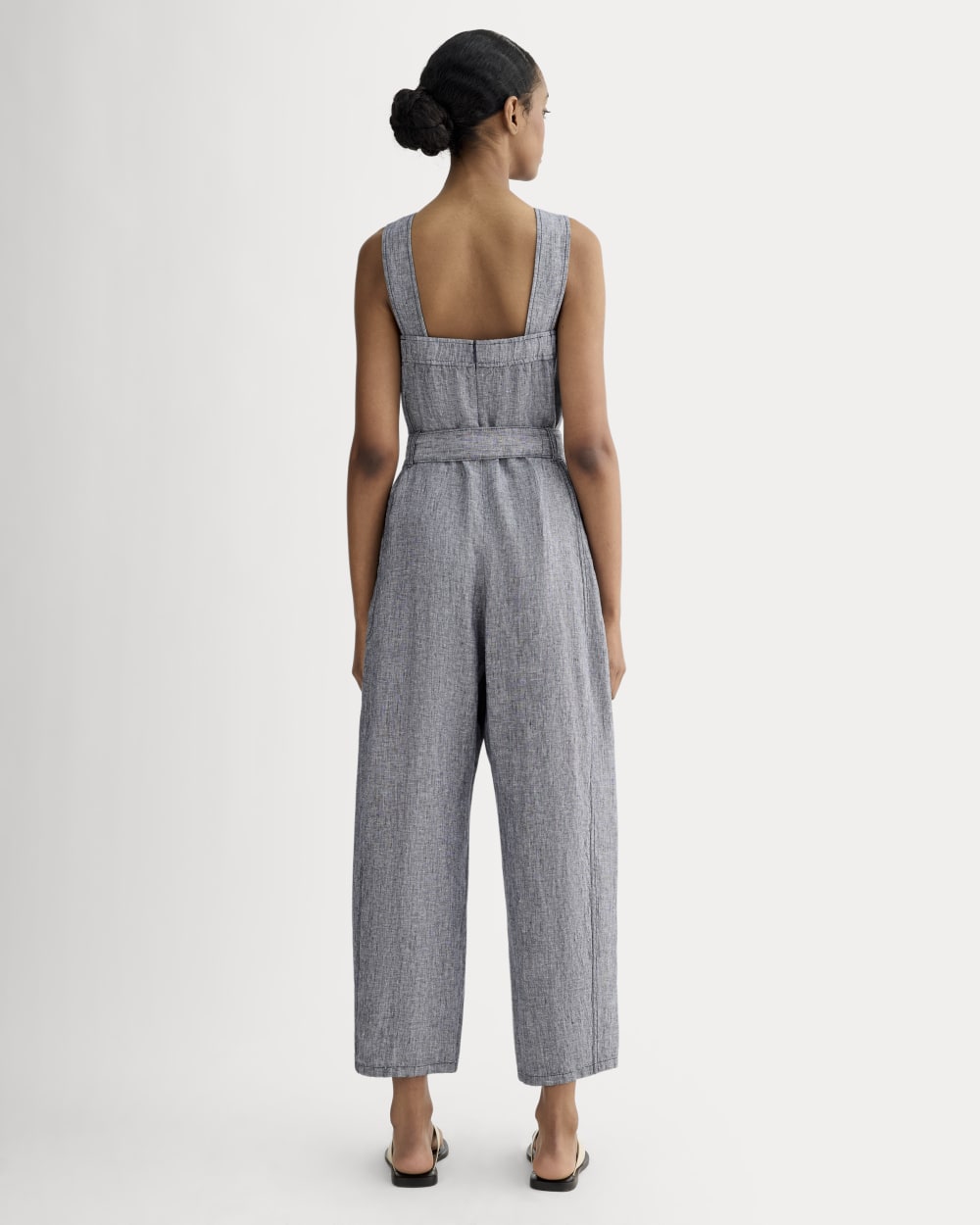 The Utility Coverall in Linen in Navy Chambray — detail view